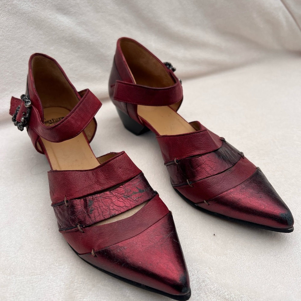 John Fluevog Burgundy Leather Shoes — Skull Buckle Detail